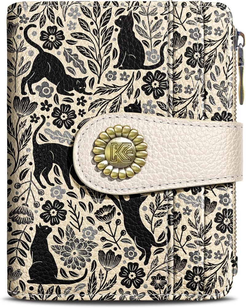 Kelvoris Black Cats Small Rfid Women Wallet Bifold Zipper Coin Pocket PU Leather Compact Cash Credit Card Holder Travel Wallet for Female Ladies Teen Girls 1 ID Window 10 Card Slots - Image 1